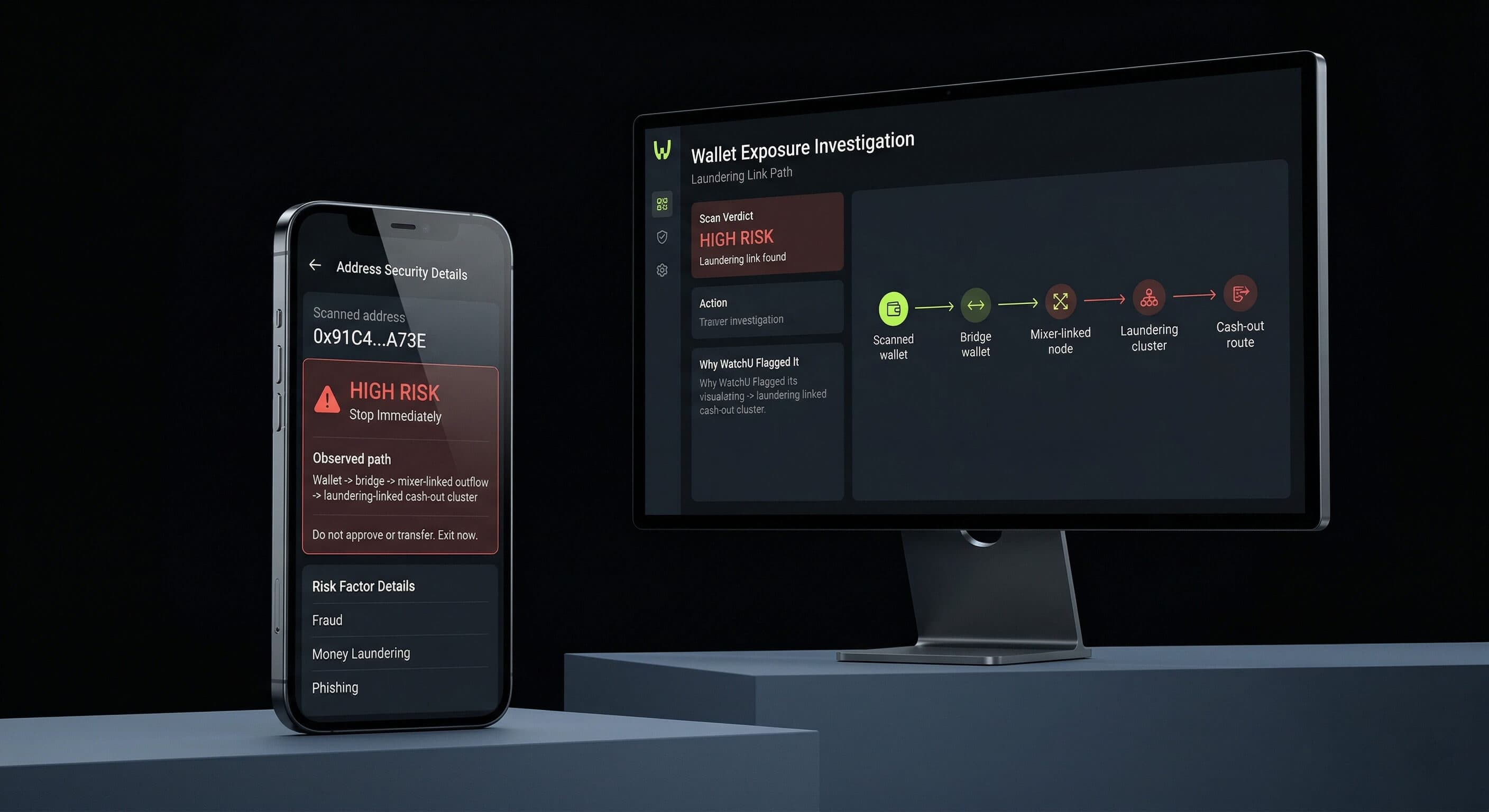 WatchU Personal mobile app and Enterprise web dashboard showing risk detection and AML monitoring